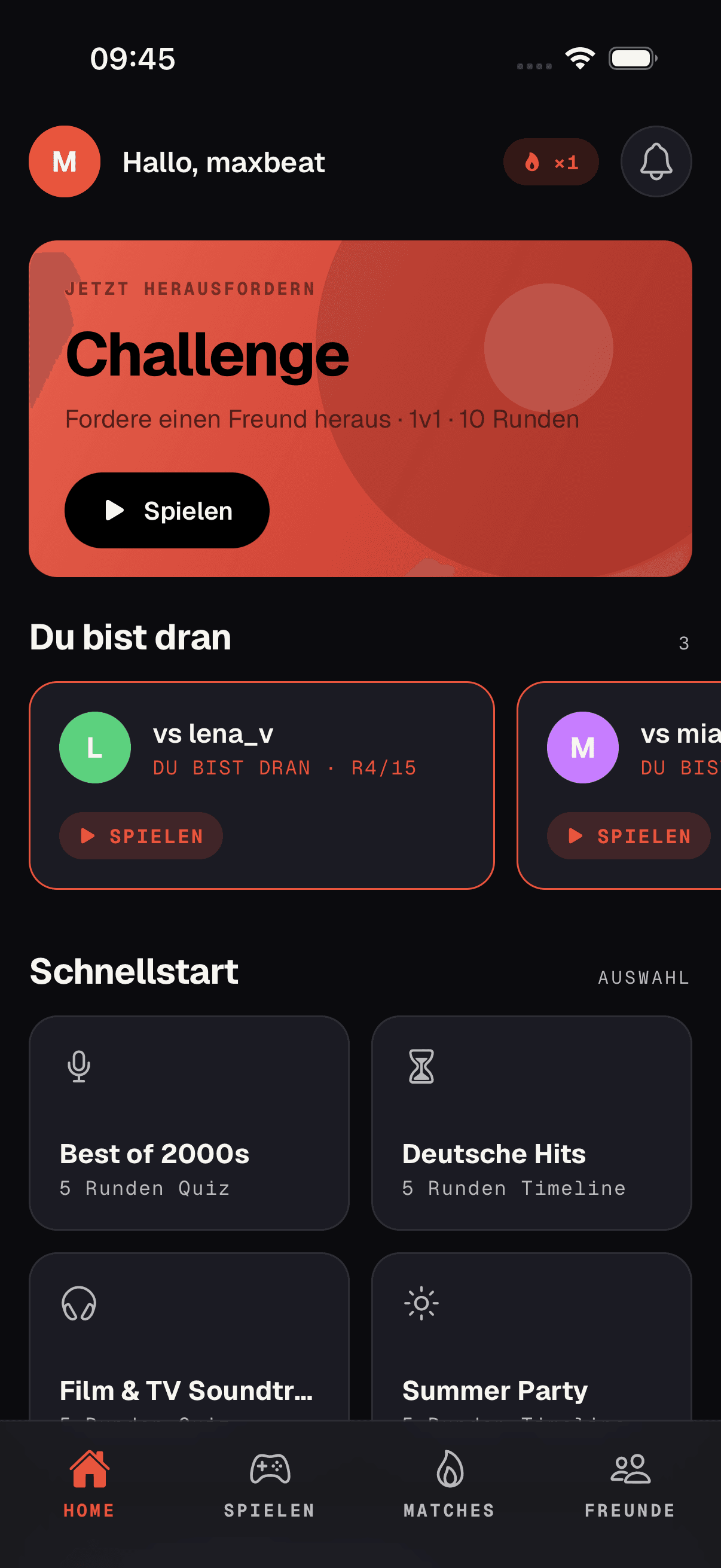DropBeat Startseite mit Schnellstart-Paketen wie „Best of 2000s“ und „Deutsche Hits“
